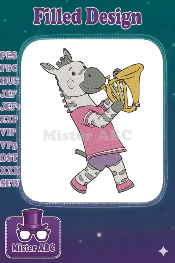 An embroidered cartoon zebra in a pink shirt and purple shorts, happily playing a golden brass instrument.