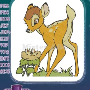 Full-color Bambi embroidery design showing the young deer looking tenderly at two baby birds in a nest.