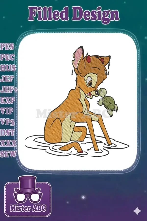 Adorable Bambi fawn playing with a small green turtle, captured in a vibrant, detailed embroidery design.