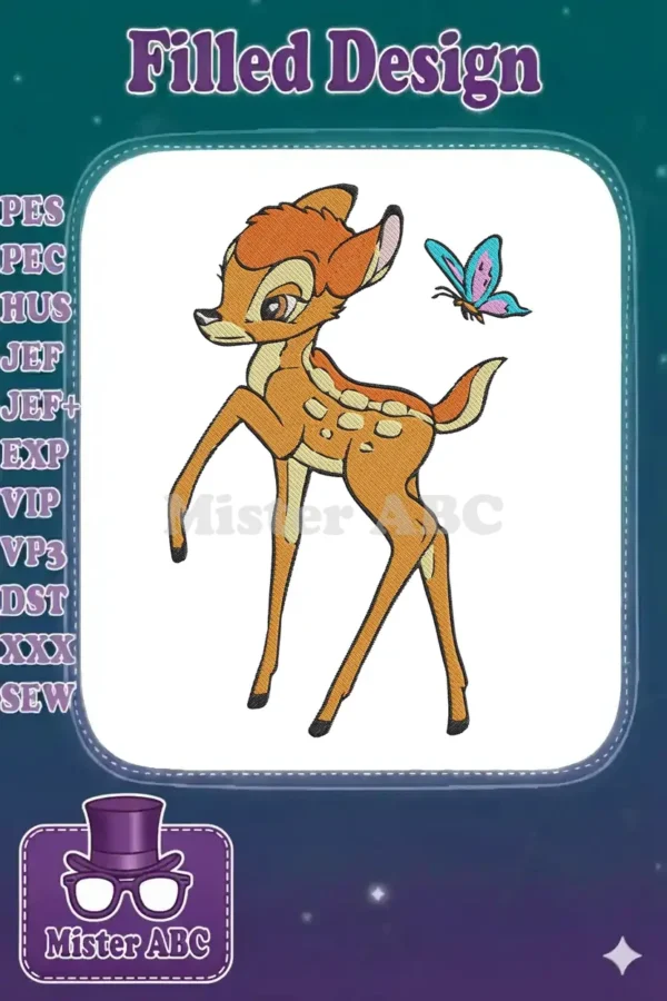 A delightful embroidery design of Bambi the fawn standing with a colorful blue and pink butterfly nearby.