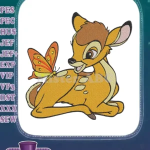 A charming embroidery of young Bambi, lying down with a colorful red and yellow butterfly resting on his back.