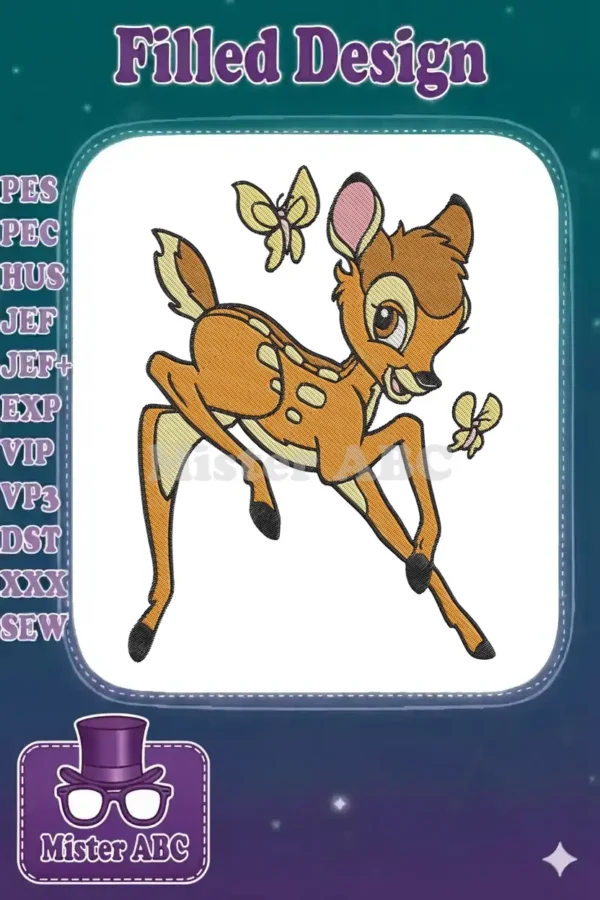 Full-color embroidery of Bambi, the young deer, leaping joyfully with two yellow butterflies, on a white background.