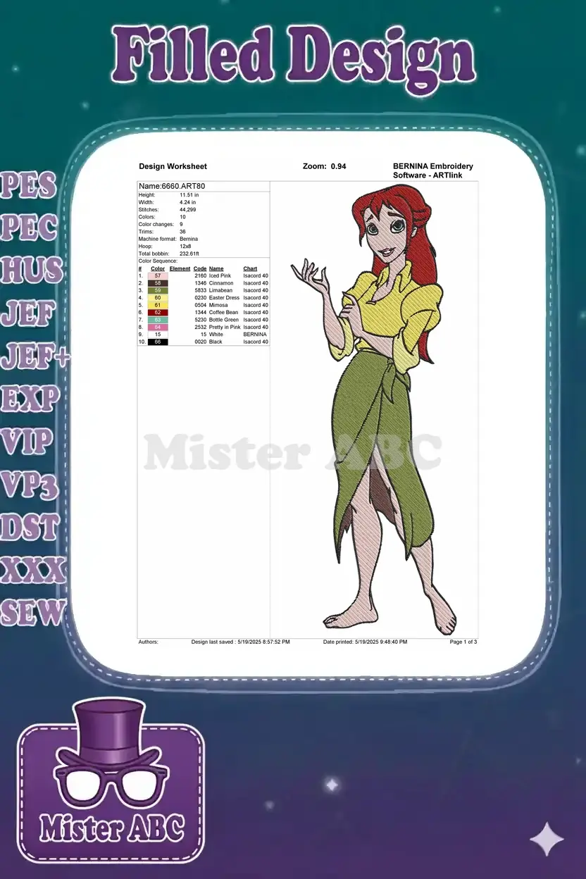 Embroidery design worksheet for Jane Porter, showing dimensions, stitch count, color changes, and thread chart.