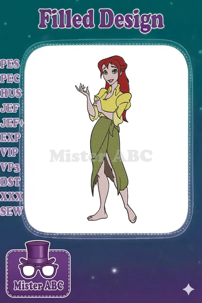 Vibrant embroidery design of Jane Porter from Disney's Tarzan, featuring her red hair, yellow top, and green skirt.