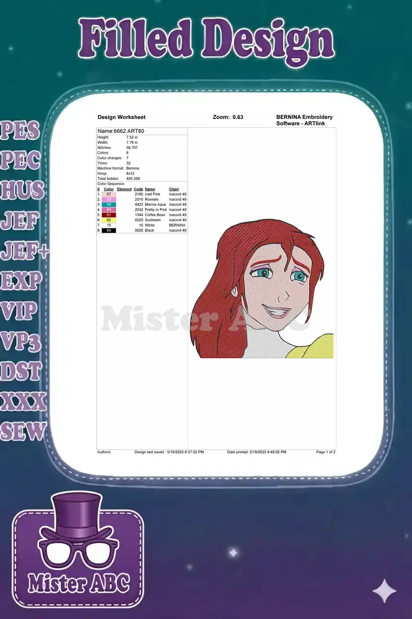 Embroidery design worksheet detailing specifications like height, width, stitch count, color sequence, and machine format.