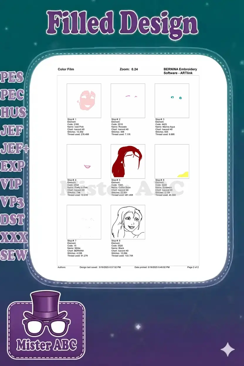 A multi-panel color film showing the embroidery design's stitch sequence for each of the eight distinct colors.