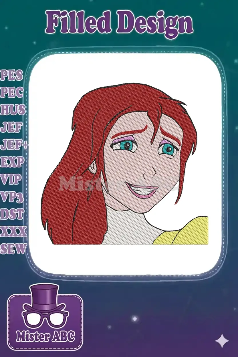 Close-up embroidery design of a smiling cartoon woman with long red hair, blue eyes, and a peach complexion.