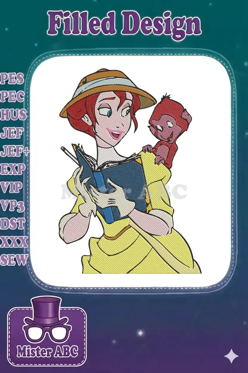 Jane Porter embroidery design, featuring her with a book and a monkey, ideal for fans of classic animated films.
