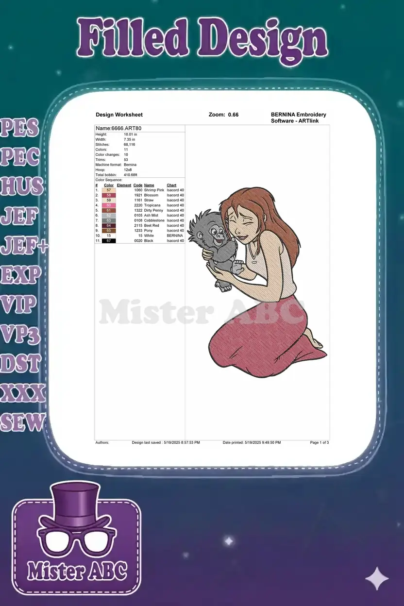 Embroidery design worksheet displaying technical specifications, color chart, and a thumbnail of Jane & baby gorilla.