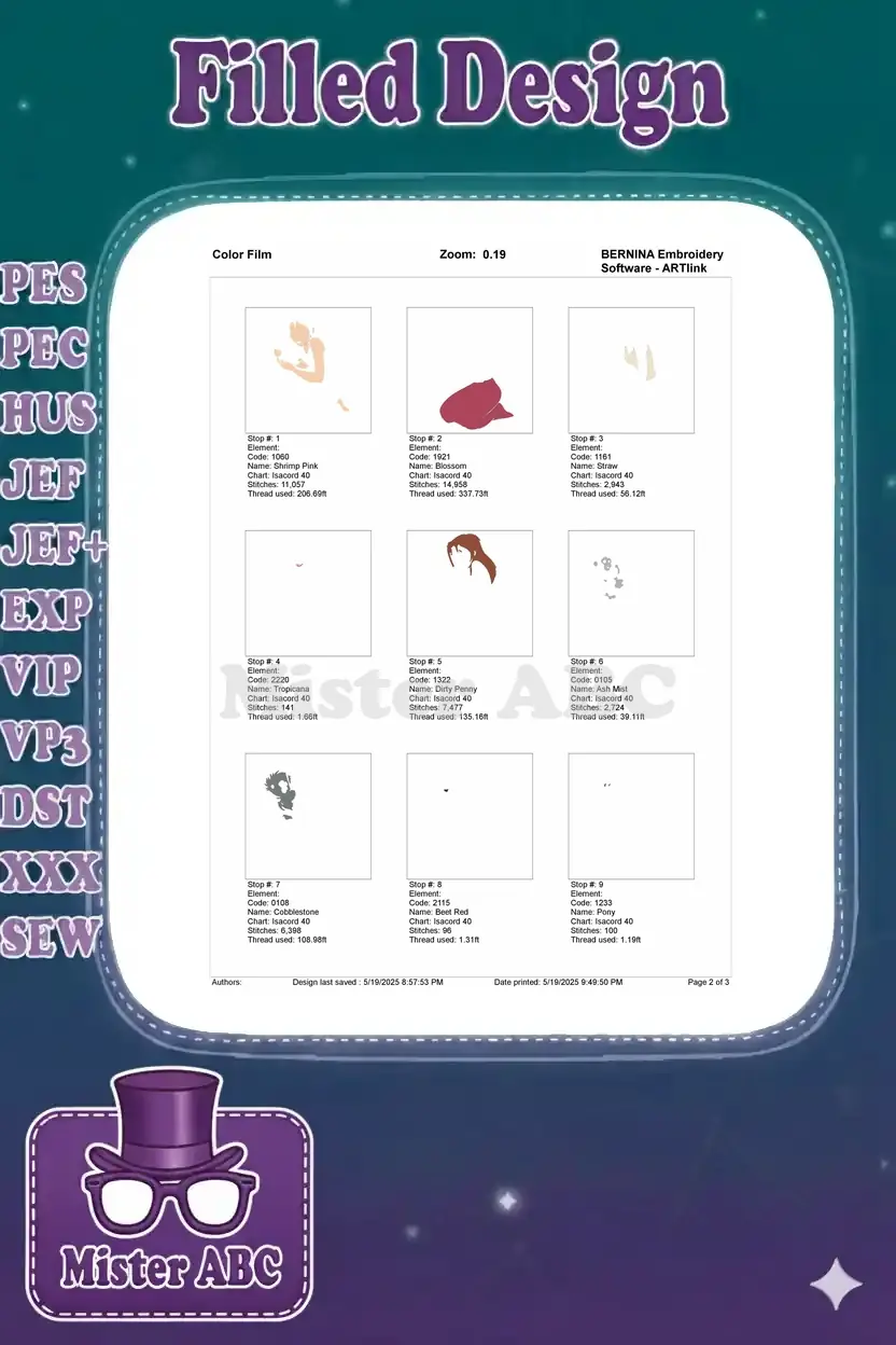 First page of the color film, showing initial embroidery stop sequences for various design elements.