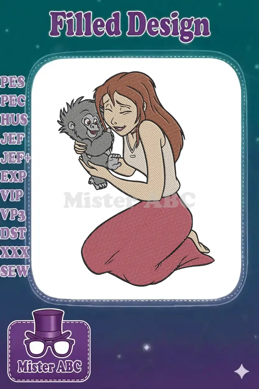 Detailed embroidery of Jane Porter gently holding a smiling baby gorilla, showcasing a heartwarming scene.