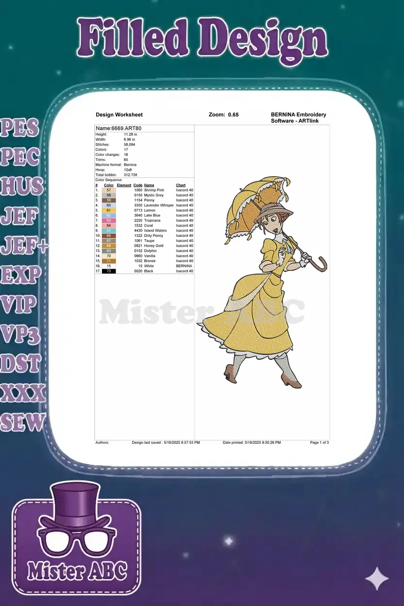 Embroidery design worksheet showing Jane Porter, with design details: size, stitches, colors, and color sequence.