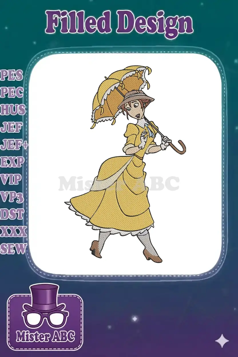 Embroidered Jane Porter from Disney's Tarzan, in a yellow dress and hat, holding an open yellow parasol.