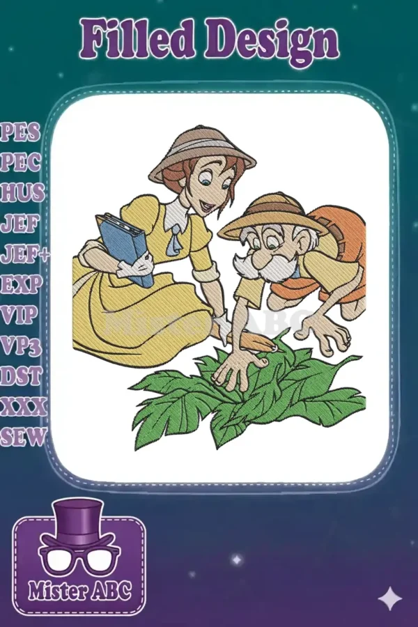Jane Porter and Professor Porter from Disney's Tarzan kneeling, examining lush green leaves with curiosity.