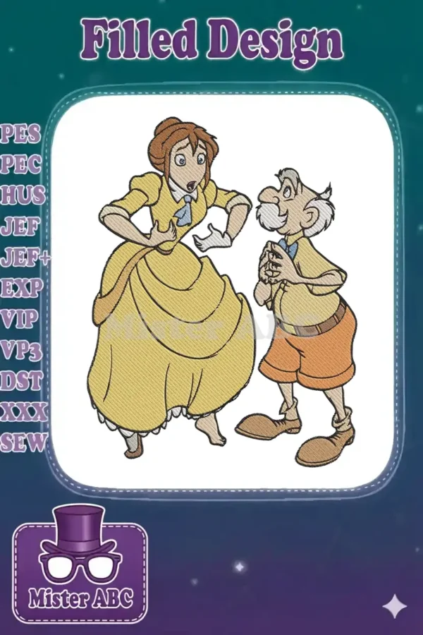 Embroidery design of Jane Porter in a yellow dress and Professor Porter, both looking surprised and gesturing.