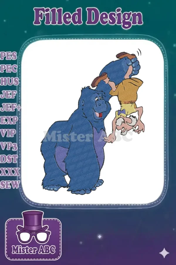 Dynamic embroidery of Terk, the blue gorilla, playfully holding Professor Porter upside down, full of character.