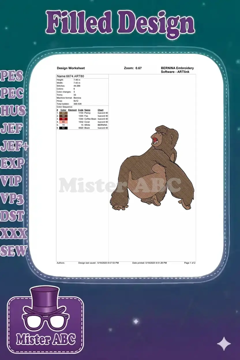 Embroidery design worksheet for item 6674, detailing dimensions, stitch count, color sequence, and machine info.