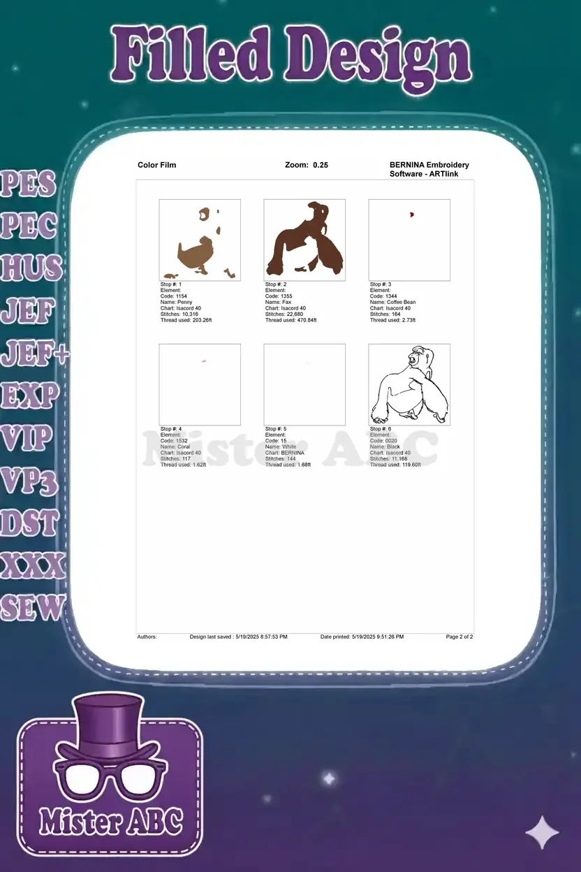 Color film breakdown of the gorilla embroidery design, showing individual color stops and stitch progression.