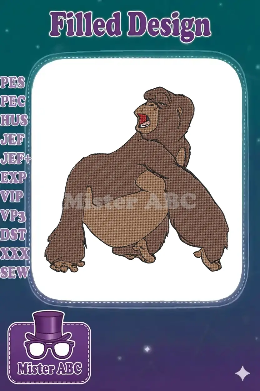 A powerful embroidery design featuring a roaring brown gorilla, showcasing detailed fur textures and an expressive open mouth.
