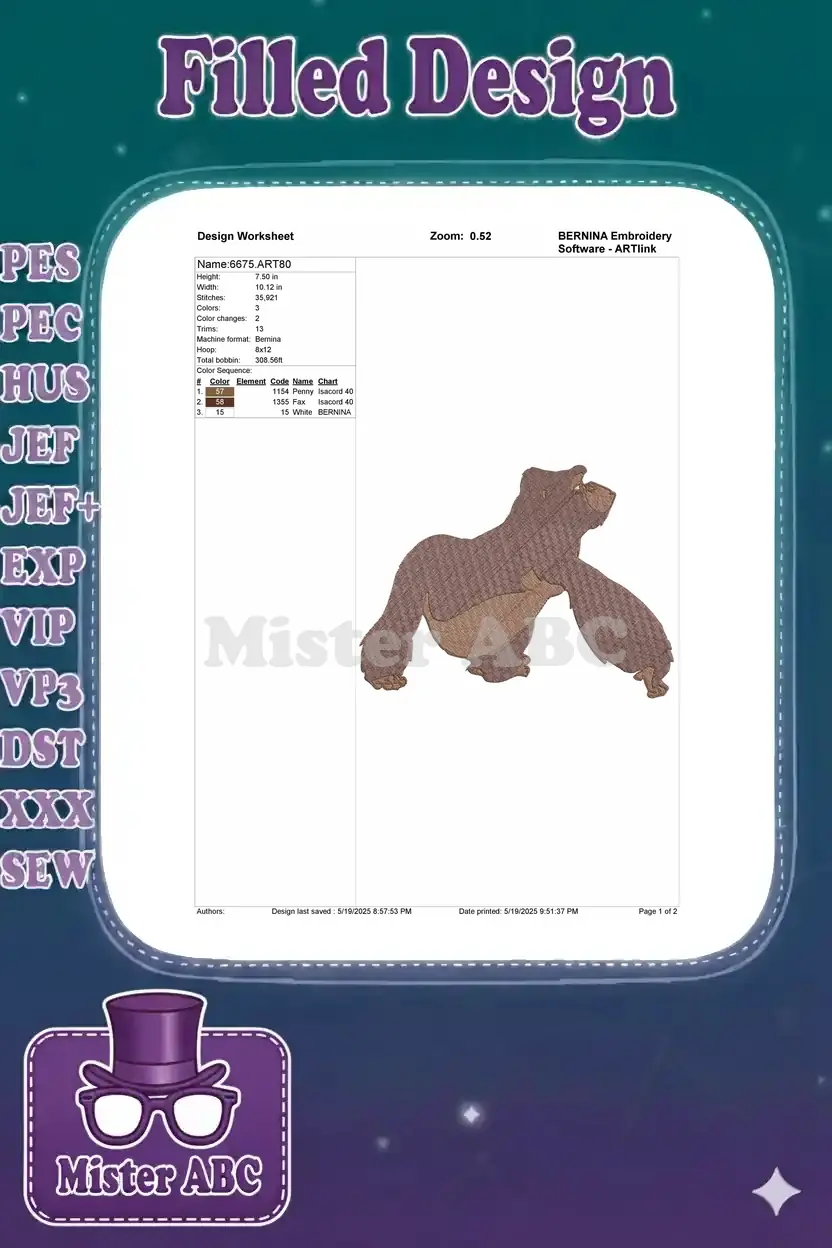 The embroidery design worksheet for Baloo, detailing dimensions, stitch count, color sequence, and thread types.