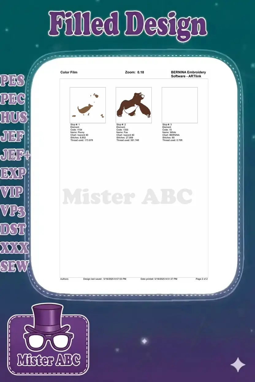 The color film breakdown for the Baloo embroidery design, showing each stitch stop and corresponding thread color.