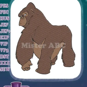 A powerful cartoon-style gorilla embroidery design, facing left with a stern expression, rendered in rich brown tones.