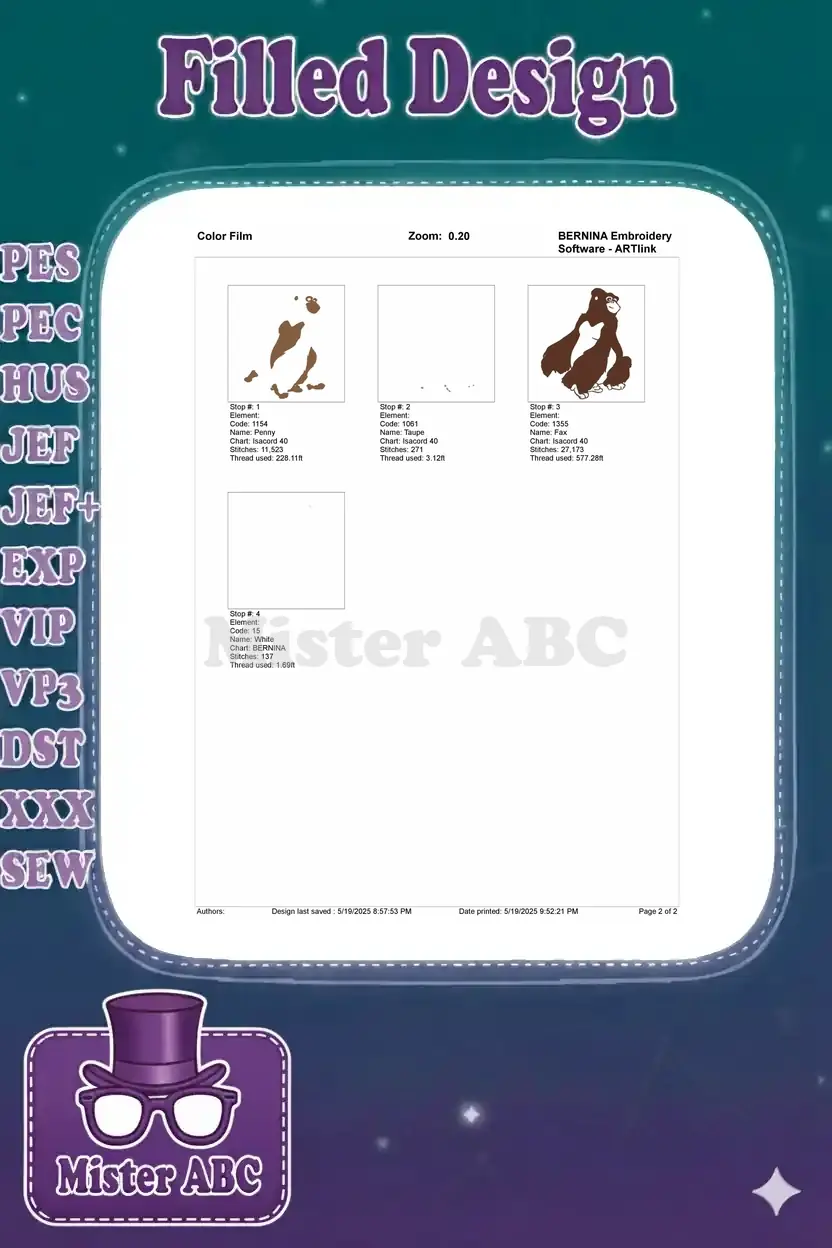 Step-by-step color film sequence demonstrating the embroidery process for the friendly gorilla design.