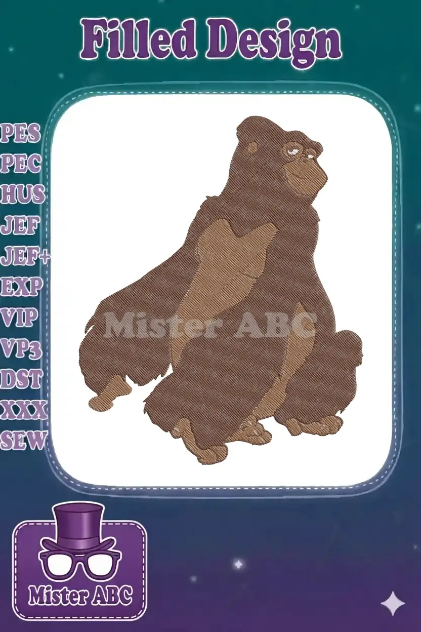 Detailed embroidery design featuring a friendly, sitting gorilla in shades of brown, perfect for animal lovers.