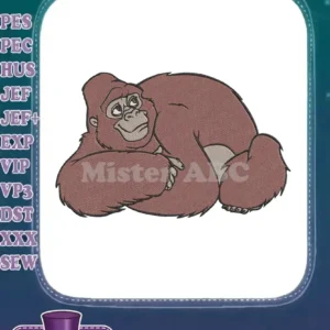 An adorable embroidery of a young, brown gorilla, lying down with a thoughtful gaze, perfect for children's apparel.