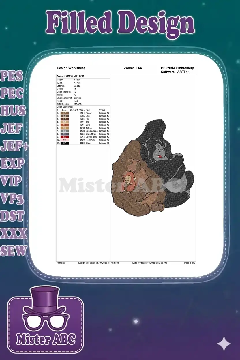 BERNINA embroidery design worksheet showing Kala and baby Tarzan, with stitch count, colors, and dimensions.