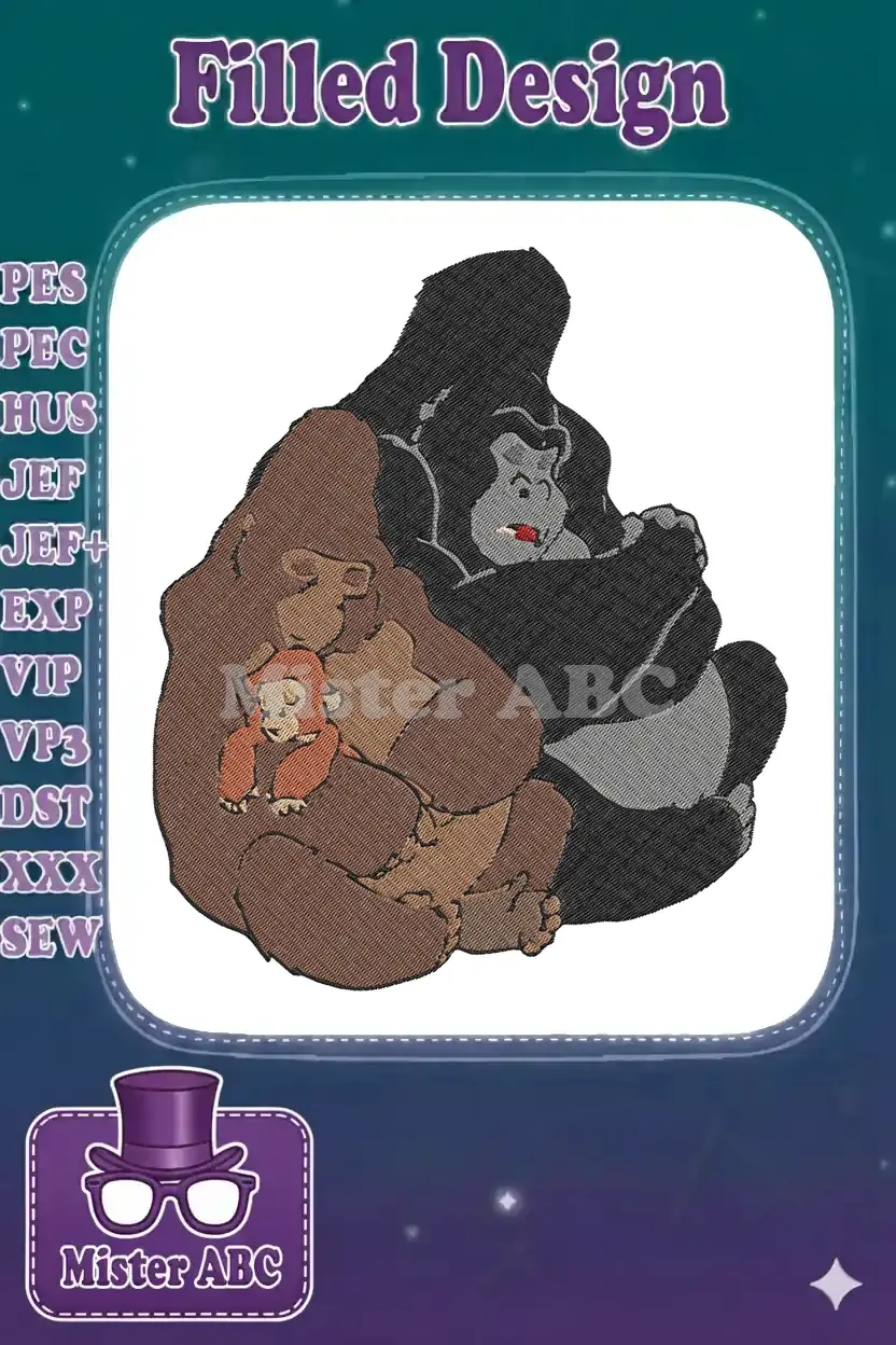 A heartwarming embroidery design of a large, dark gorilla gently cradling a small, orange baby monkey.