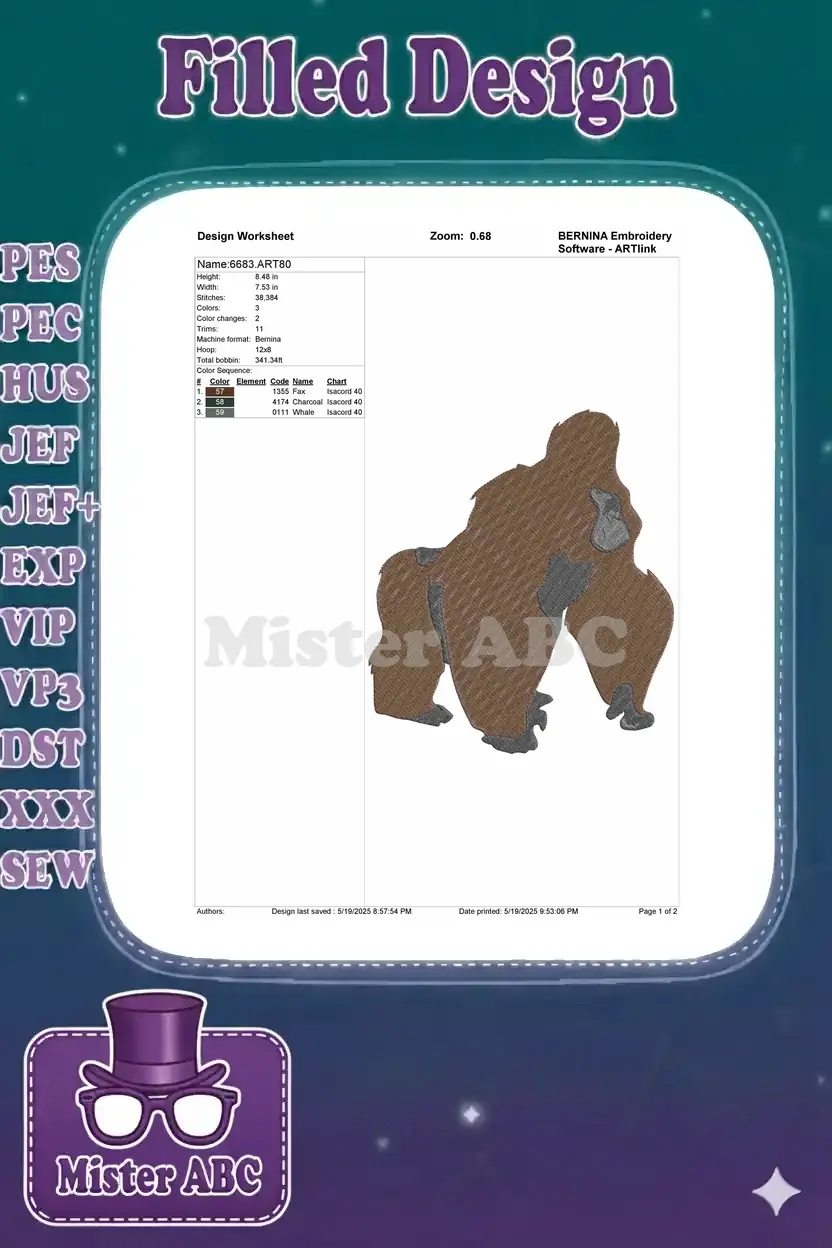 Detailed embroidery design worksheet for the gorilla, providing essential size, stitch count, and color information.