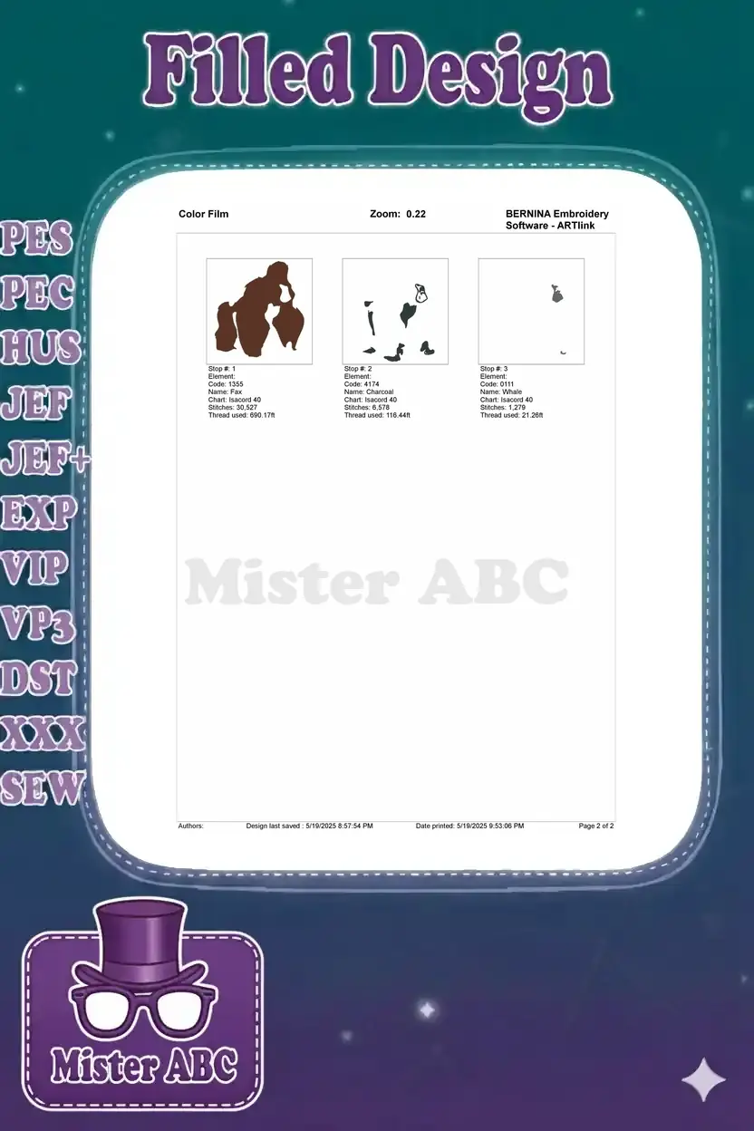 Color film breakdown of the gorilla embroidery, showing stitch sequence for each of the three distinct thread colors.