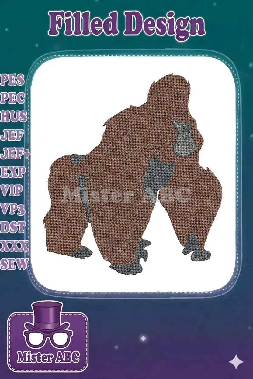 Striking gorilla embroidery design featuring detailed fur textures and a powerful walking pose, ideal for apparel and decor.
