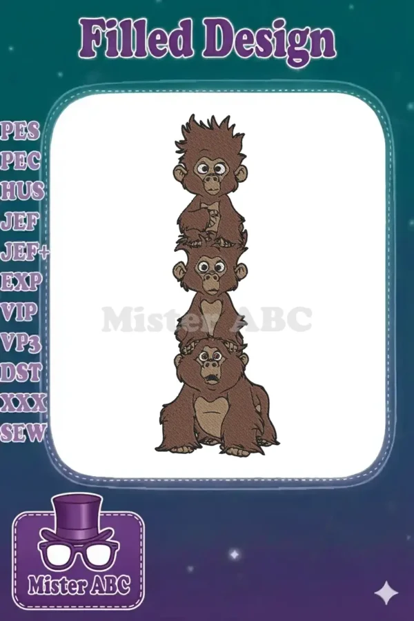 Detailed embroidery design of three cartoon monkeys stacked vertically, featuring rich brown fur and expressive faces.