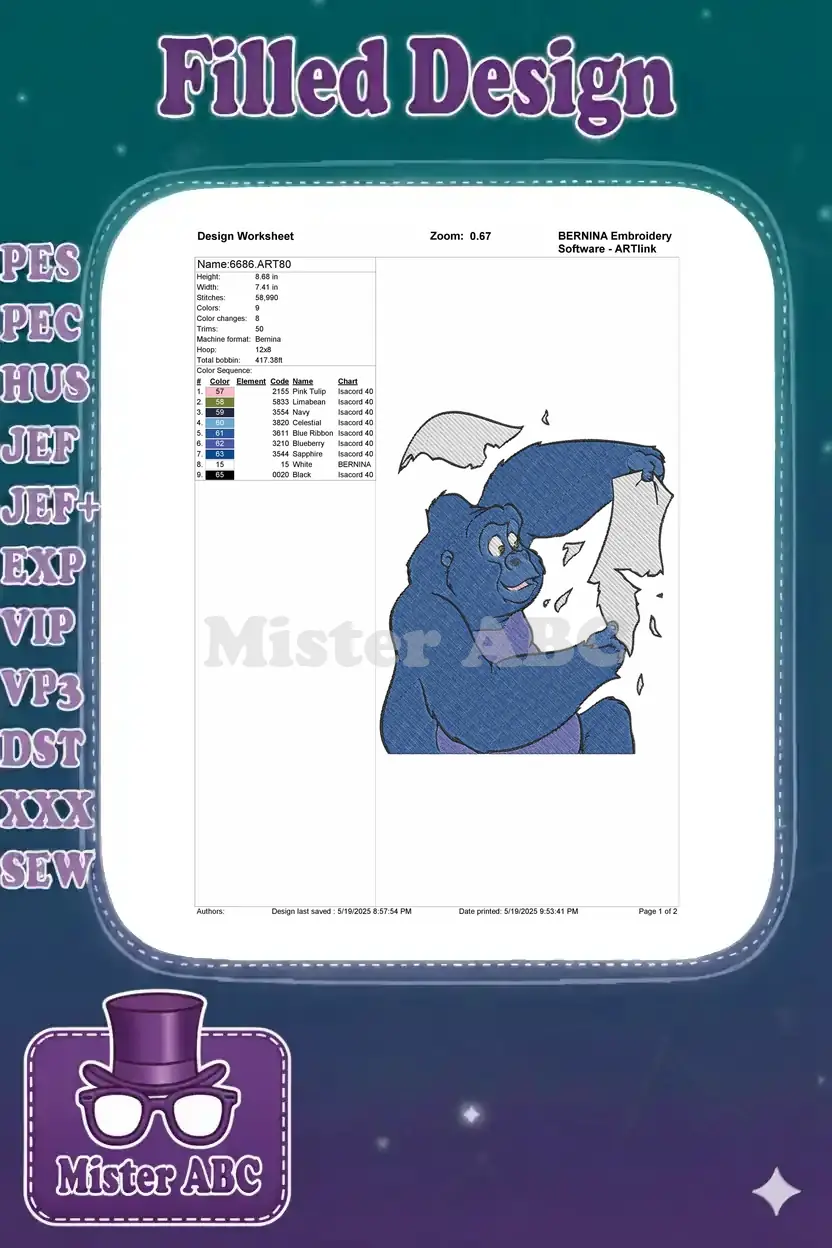 Detailed embroidery design worksheet for '6686.ART80,' showing dimensions, stitch count, and color sequence.