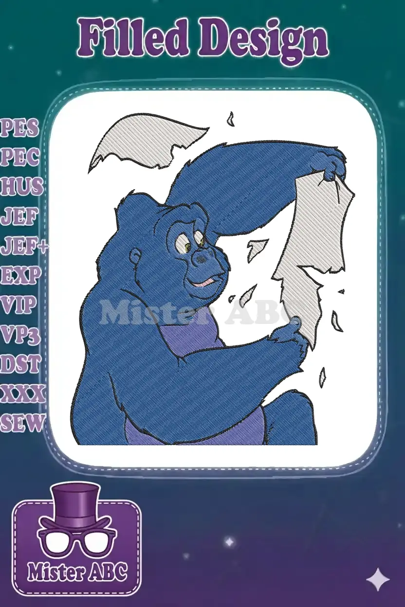 Dynamic embroidery design of a blue gorilla, similar to Terk, playfully tearing paper, expressive and vibrant.
