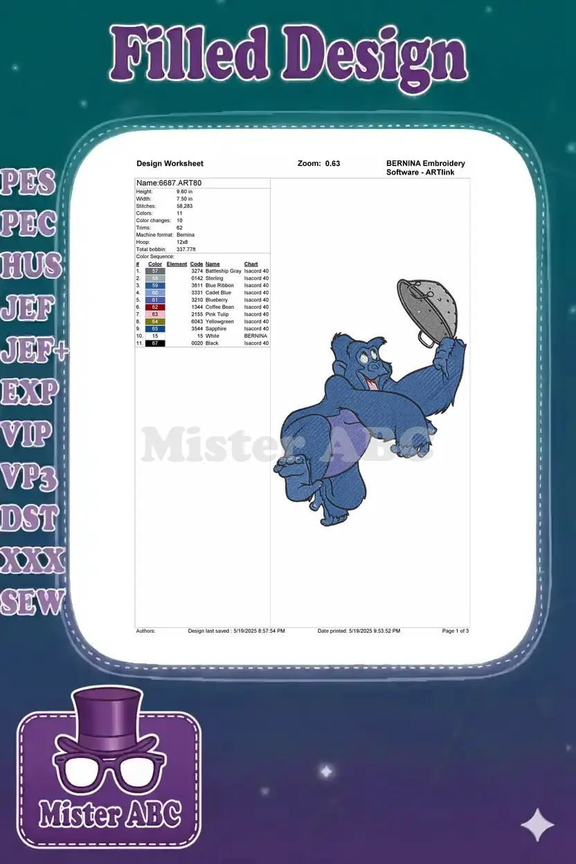 Detailed embroidery design worksheet for Terk, showing dimensions, stitch count, color changes, and thread details.