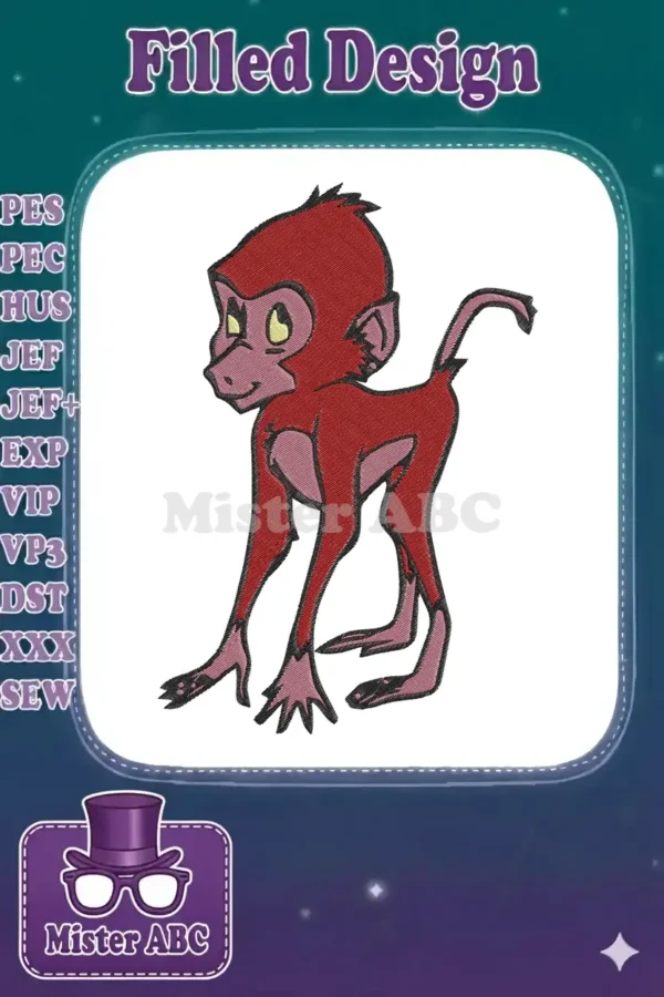 A playful red cartoon monkey embroidery design, standing on all fours with a curious expression, vibrant and detailed.
