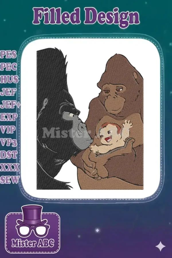 A heartwarming embroidery design showcasing Kala, Kerchak, and baby Tarzan in a tender family embrace.
