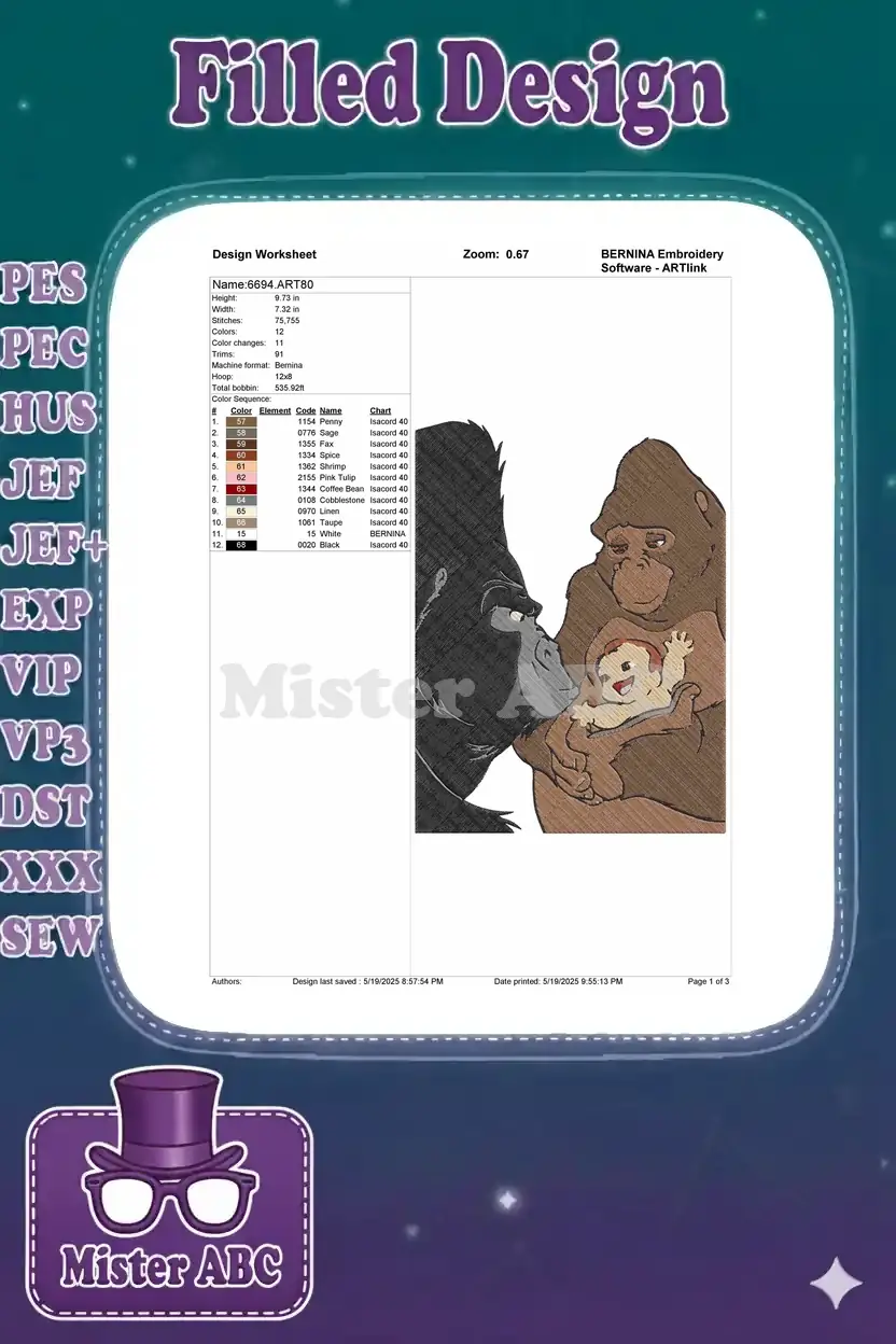 Detailed embroidery design worksheet for '6694.ART80', showing stitch count, color changes, and thread chart.