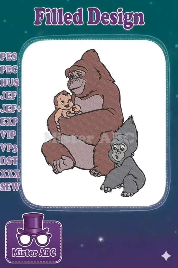 Kala the gorilla gently cradles baby Tarzan, while young Terk curiously observes in this animated embroidery.