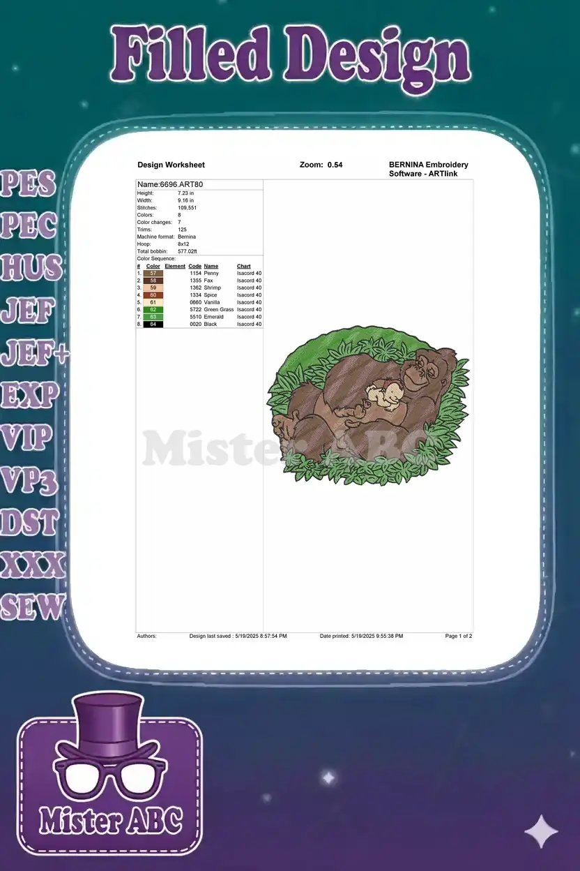 Detailed design worksheet for the Kala and Tarzan embroidery, showing dimensions, stitch count, and colors.