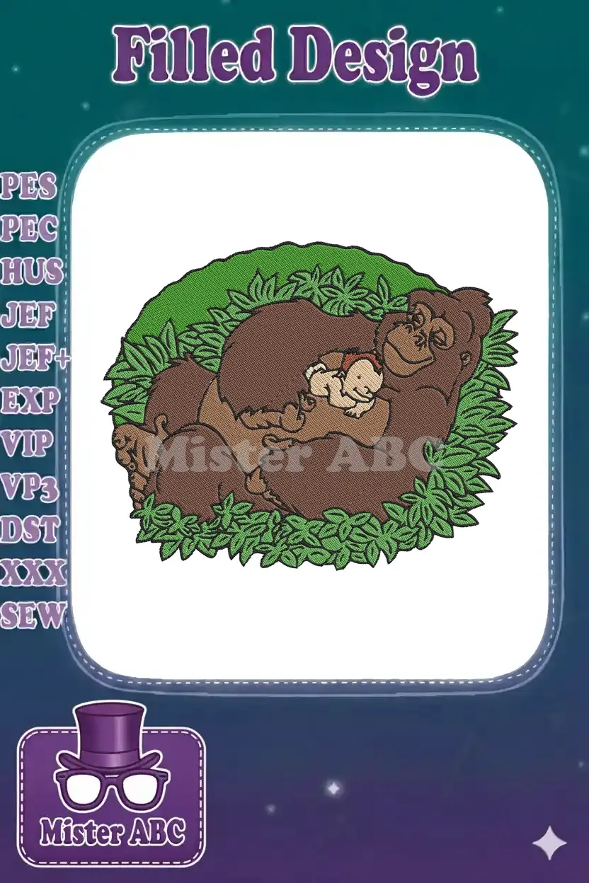A heartwarming embroidery of Kala the gorilla gently cradling baby Tarzan amidst lush green foliage.