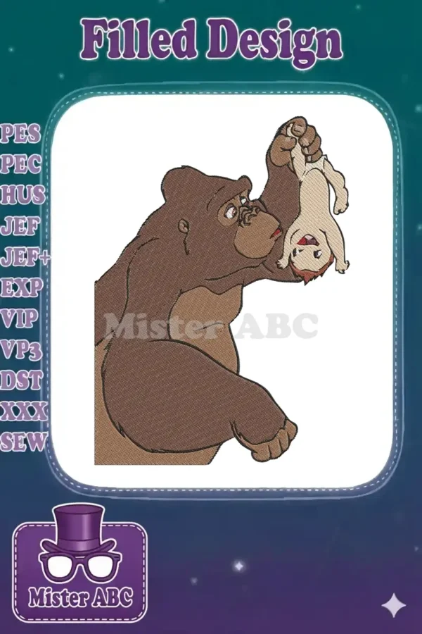 A detailed embroidery design of a gentle brown gorilla carefully holding a small, wide-eyed baby upside down.