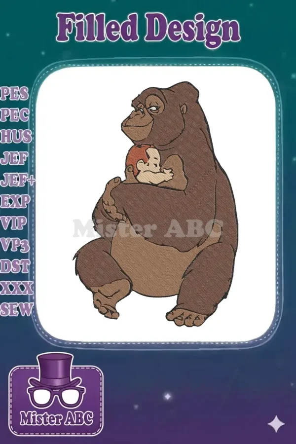 A detailed embroidery design featuring Kala the gorilla gently cradling baby Tarzan, showcasing their loving bond.