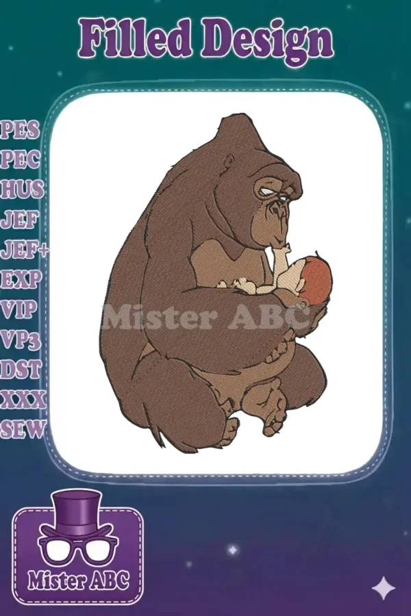 A heartwarming embroidery design of Kala the gorilla cradling baby Tarzan and a fruit, detailed with rich brown tones.