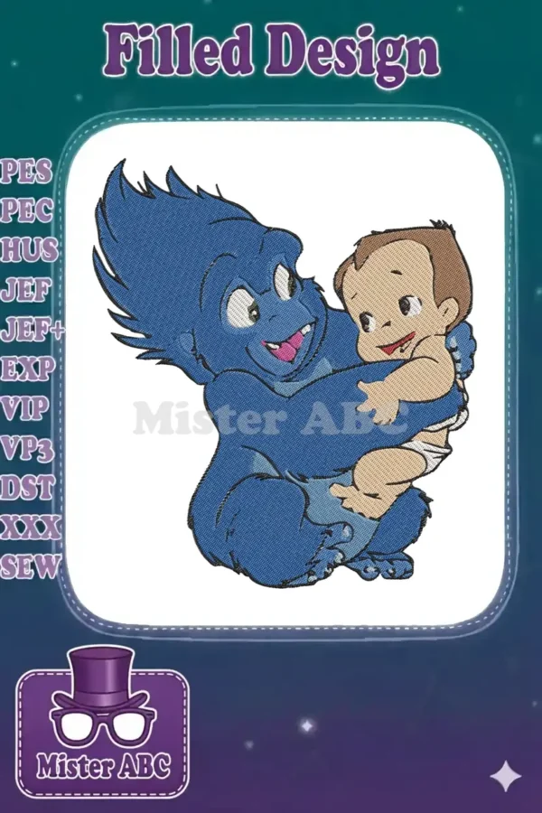 Full-color embroidered design of Philoctetes lovingly holding baby Hercules, showcasing intricate details and vibrant threads.