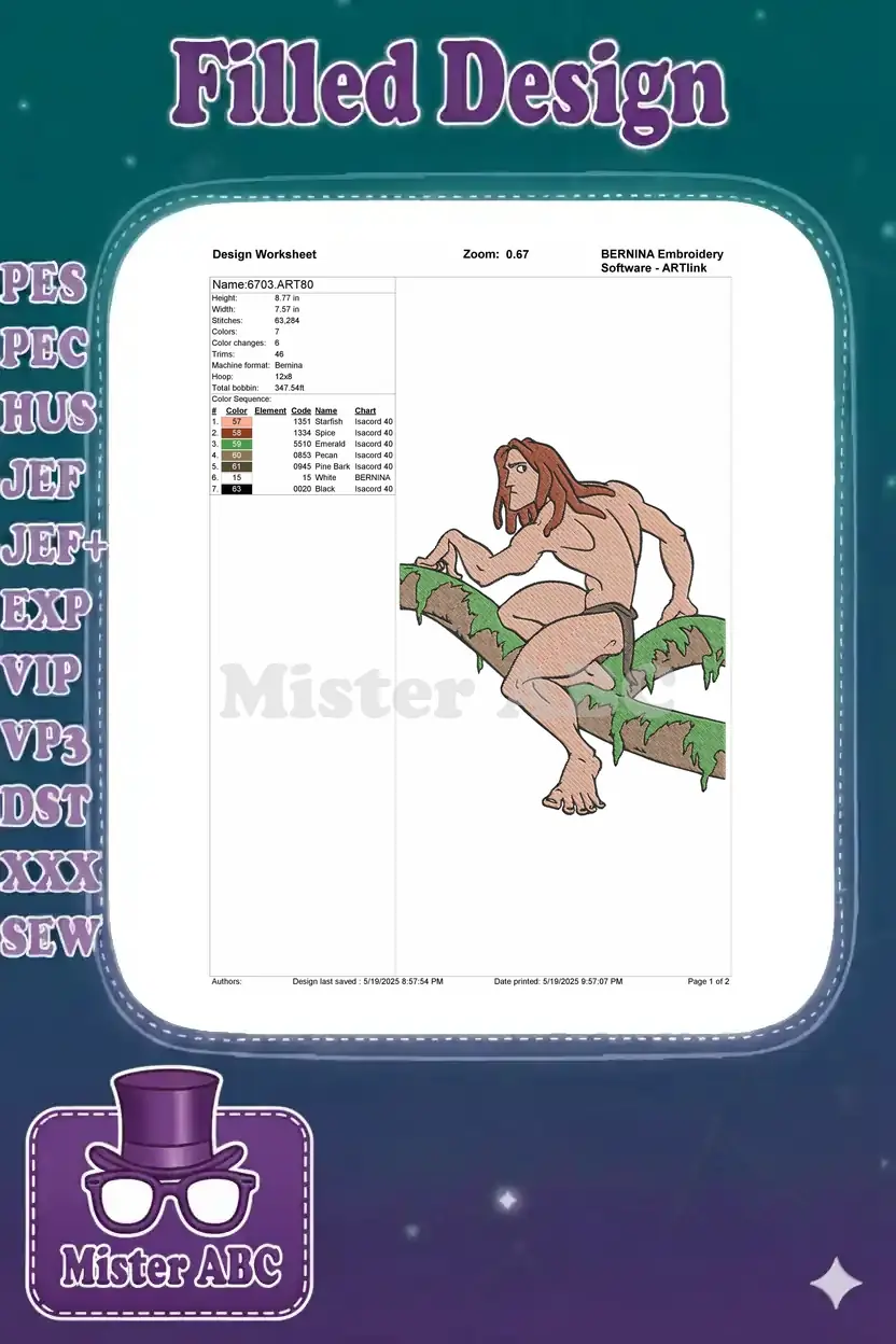 Embroidery design worksheet for '6703.ART80' showing dimensions, stitch count, color sequence, and design preview.