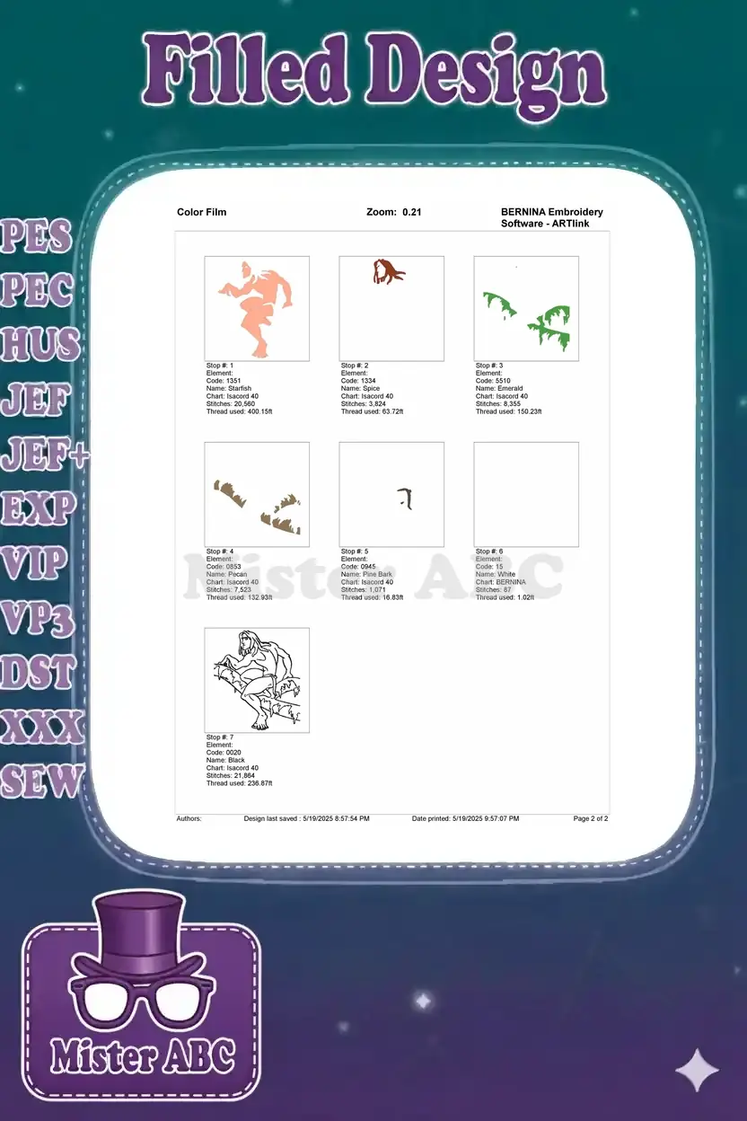 Color film breakdown of the Tarzan embroidery design, showing each color layer and stitch sequence.